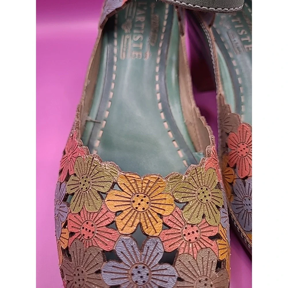L'Artiste AVNIA Sandals Blue Multi Floral Hand Painted Peep Toe Heels 39 - Picture 11 of 12